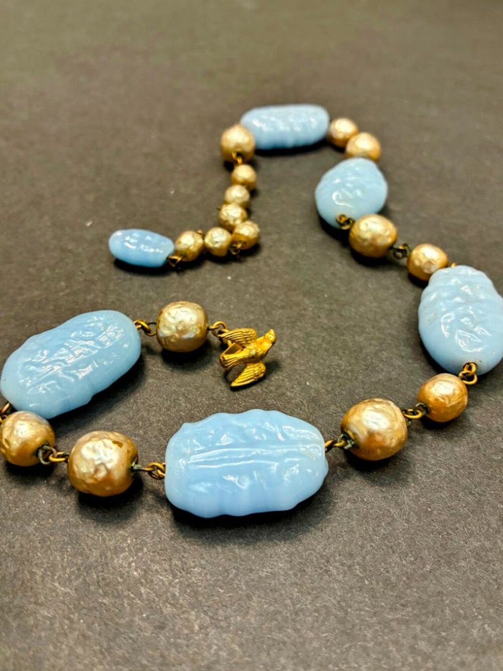 Vintage Miriam Haskell Blue Glass Baroque Pearl Necklace Bird Clasp